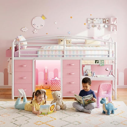 Low Loft Bed Twin Size with 7 Storage Drawers, Desk and LED Lights, Heavy Duty Metal Kids Loft Bed with 13.8" H Safety Guardrail, Anti-Collision Pad, Private Play Curtain, Under-Bed Play Space - Pink