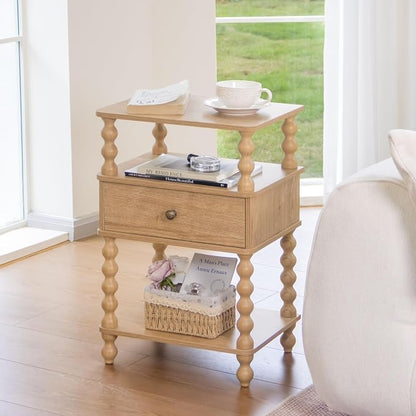 AWASEN Night Stand with Drawer, Bedside Table with Storage, 3-Tier Small Nightstand End Table for Bedroom with Solid Wood Spindle Legs, Rustic Walnut