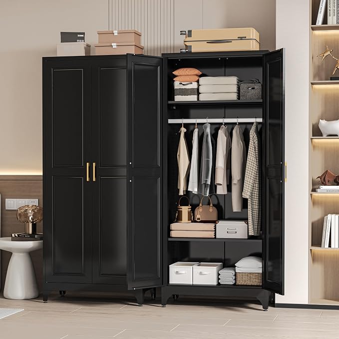 Metal Wardrobe Cabinets,Black Armoire Wardrobe Closet with Hanging Rod,Clothes Storage Cabinet with Adjustable Shelves and Doors,Clothing Cabinet for Bedroom, Office, Laundry Room