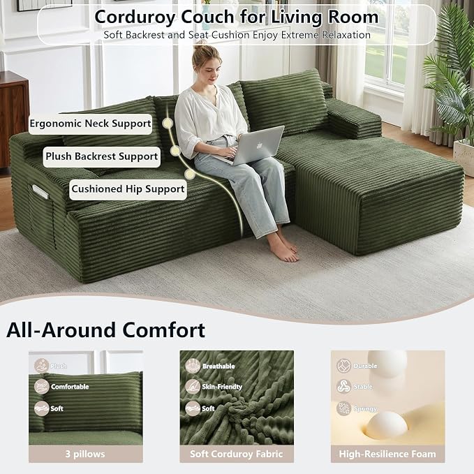 96" Cloud Sectional Couch with L-Shape Chaise, Modular Comfy Sofa Chaise Longue, Upholstered Corduroy Couches Sleeper with Deep Seat for Living Room Bedroom, No Assembly Required(Green, Right Facing)
