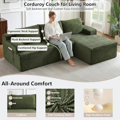 96" Cloud Sectional Couch with L-Shape Chaise, Modular Comfy Sofa Chaise Longue, Upholstered Corduroy Couches Sleeper with Deep Seat for Living Room Bedroom, No Assembly Required(Green, Right Facing)