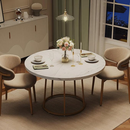 ONBRILL Round Dining Table, 47.24 Inch, Wooden Faux Marble with Gold Base, Circle Modern Small Table for Home Dining Room, Kitchen, Restaurant (White)