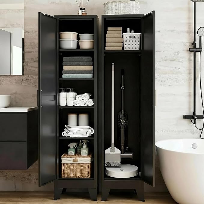 67“H Metal Narrow Kitchen Pantry Cabinet,Black Skinny Pantry Cabinet,Tall Narrow Bathroom Storage Cabinet with Adjustable Shelves,Slim and Thin Pantry Cabinets for Living Room Dining Room