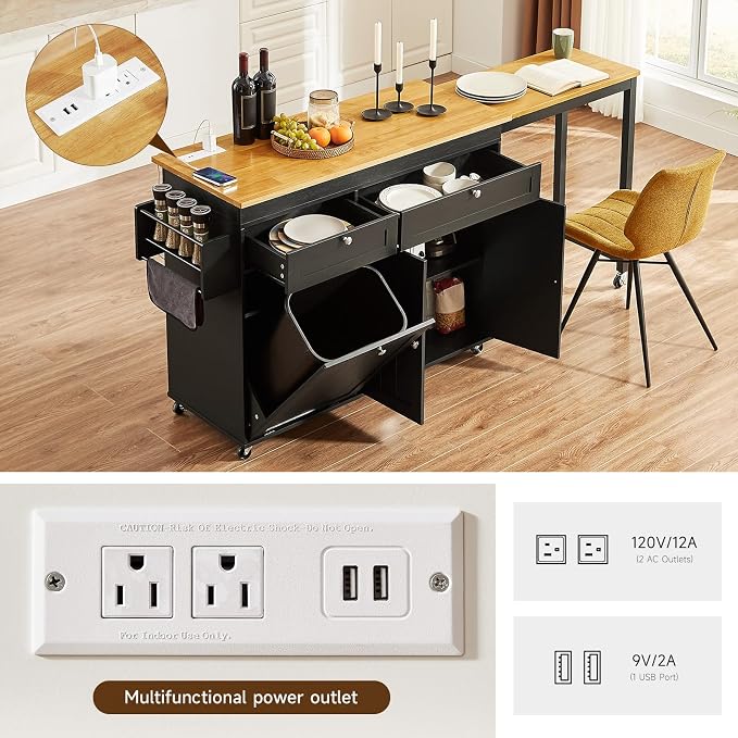 ONBRILL Kitchen Islands with Extendable Dining Table, 81.7" Mobile Kitchen Storage Islands, Rolling Kitchen Cart with Trash Cabinet, Power Outlet, Spice Rack & Towel Rack, Black