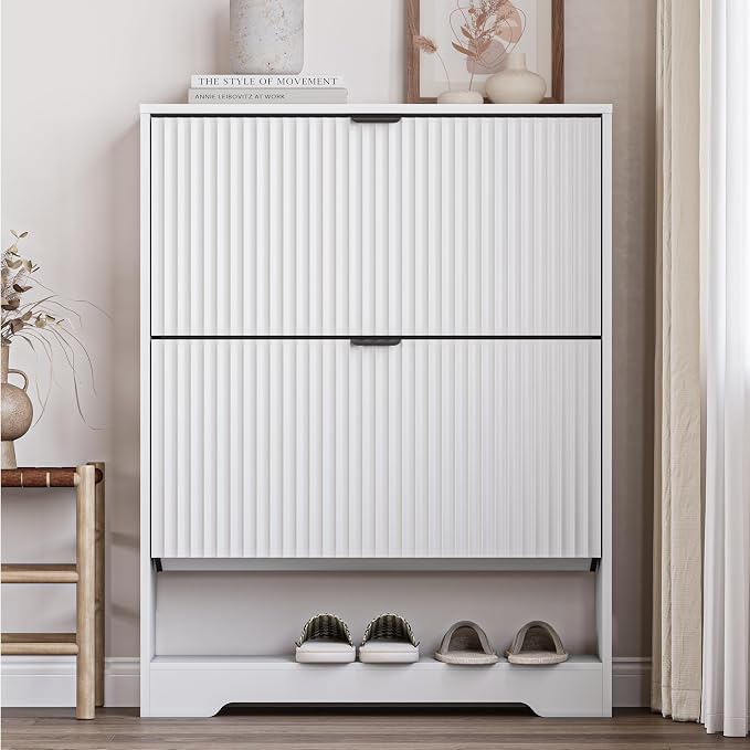 BORNOON Shoe Cabinet with 2 Flip Drawers, Fluted Shoe Storage Cabinet with Adjustable Shelves, Freestanding Rack and Organizer for Entryway, Closet, Hallway