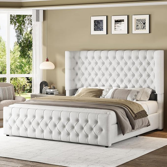Jocisland Queen Size Upholstered Bed Frame with 6.3-Inch Curved Wingback Headboard, Tufted Footboard, Wood Slats, No Box Spring Needed, White Linen