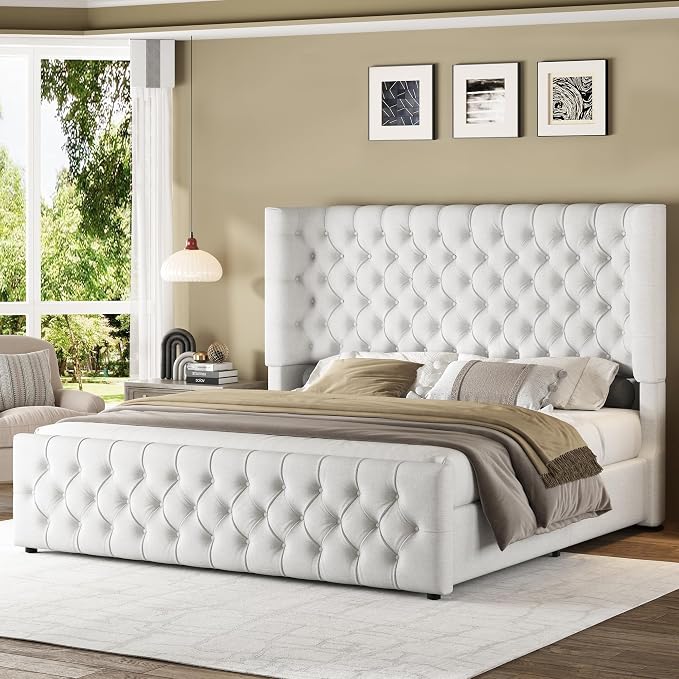 Jocisland King Size Upholstered Bed Frame with 6.3-Inch Curved Wingback Headboard, Tufted Footboard, Wood Slats, No Box Spring Needed, White Linen