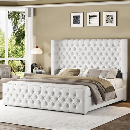 Jocisland King Size Upholstered Bed Frame with 6.3-Inch Curved Wingback Headboard, Tufted Footboard, Wood Slats, No Box Spring Needed, White Linen