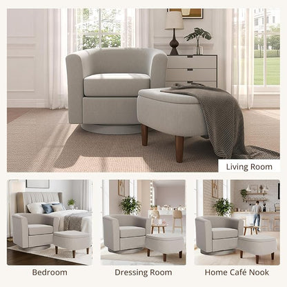 Swivel Accent Chair with Storage Ottoman, Modern Velvet Barrel Chair, Upholstered Armchair with Footrest for Living Room/Reading/Bedroom, 25.4'' D x 28.35'' W x 24.4'' H, White