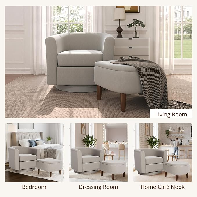 Swivel Accent Chair with Storage Ottoman Set of 2, Modern Velvet Barrel Chair, Upholstered Armchair with Footrest for Living Room/Reading/Bedroom, 25.4'' D x 28.35'' W x 24.4'' H, White