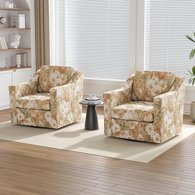 Swivel Accent Chairs Set of 2, 360° Swivel Upholstered Club Armchairs for Living Room, Comfy Fabric Single Sofa Reading Chair with Deep Seat, Metal Swivel Base, Sand Blooms