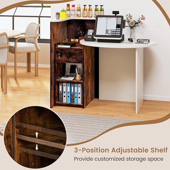 Reception Desk, Retail Checkout Counter w/Lockable Drawer & Open Shelves, Computer Workstation, Small Front Desk Reception Counter for Company Lobby Store Salon Office (White & Rustic Brown)