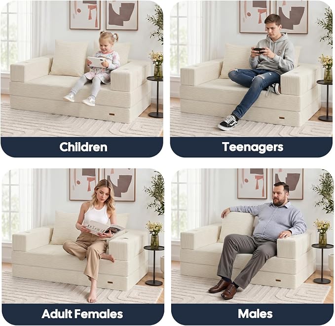 COMAX Futon Sofa Bed, Convertible Sofa Bed, Folding Boneless Couches | Boneless Couch for living room, 4‑in‑1 Fold Out Small Foldable Loveseat Floor Sleeper Mattress Lounge Space‑Saving, Beige