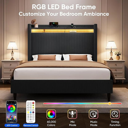 Queen Size Bed Frame with Tall Headboard, 55.3" Upholstered Platform Bed with LED Lights & Charging Station, Elegant Corduroy Bedframe, 2-tier Storage Wingback Headboard, No Box Spring Needed, Black