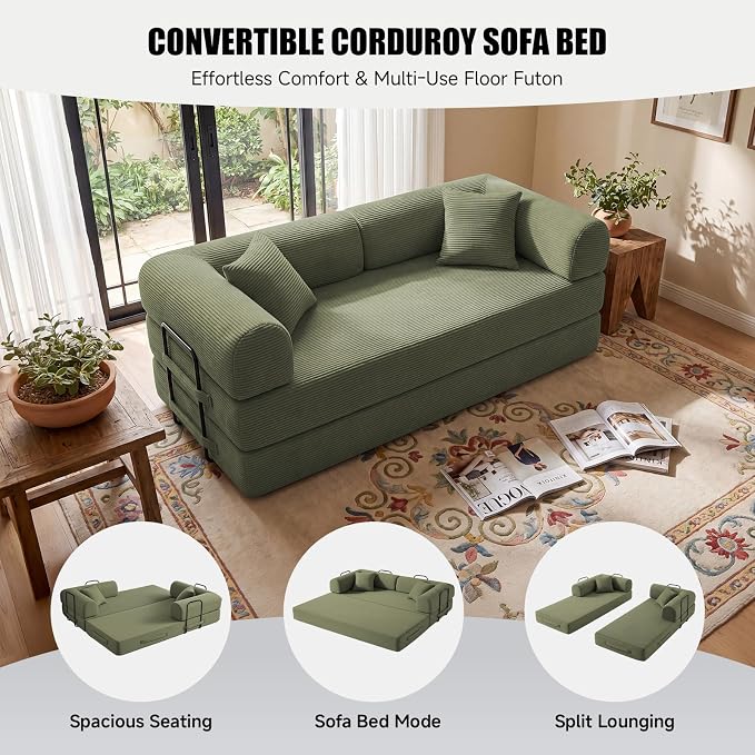 79" Convertible Sleeper Sofa Bed, Corduroy Boneless Fold-Out Couch in a Box, 4-in-1 Loveseat/Futon Couch, High-Density Foam, No Assembly, Side Pockets, 2 Pillows for Small Spaces, Green