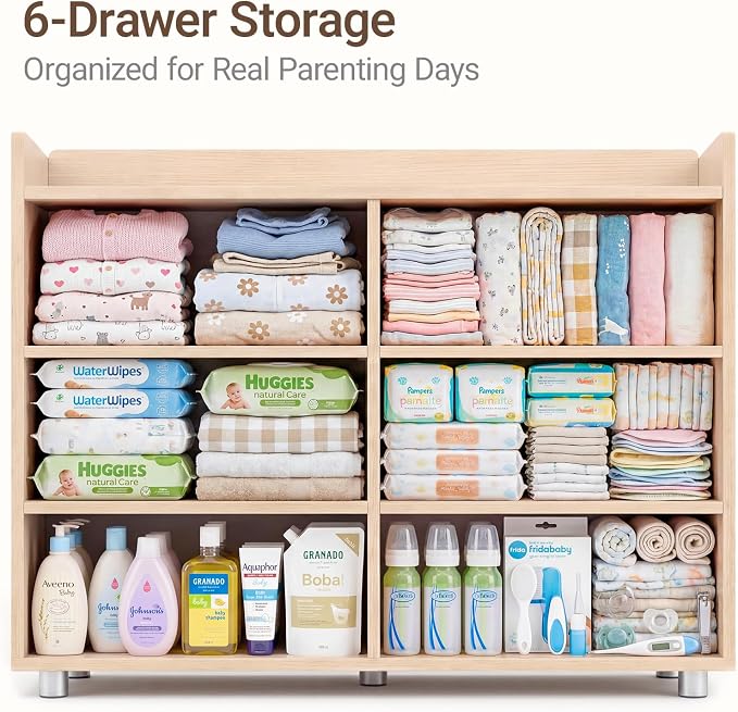 MAMAZING Keeva Pro 6-Drawer Baby Dresser with Changing Table, Easy Assembly | Washed Natural Wooden Nursery Dresser, Anti-Tip Design & Adjustable Feet, Dresser for Bedroom, Kids & Toddlers, 44" Wide