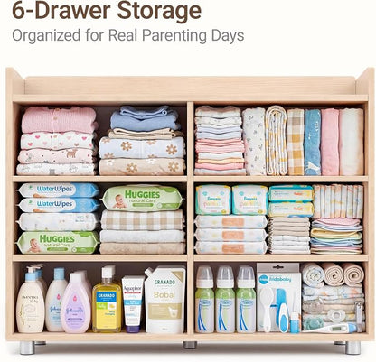 MAMAZING Keeva Pro 6-Drawer Baby Dresser with Changing Table, Easy Assembly | Washed Natural Wooden Nursery Dresser, Anti-Tip Design & Adjustable Feet, Dresser for Bedroom, Kids & Toddlers, 44" Wide