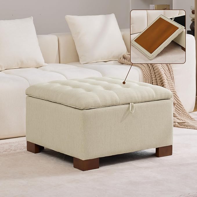 WUTUTUEE 30" Fabric Square Storage Ottoman with Wooden Tray, Modern Tufted Button Footstool Coffee Table, Upholstered Large Ottoman for Living Room, Bedroom, Khaki