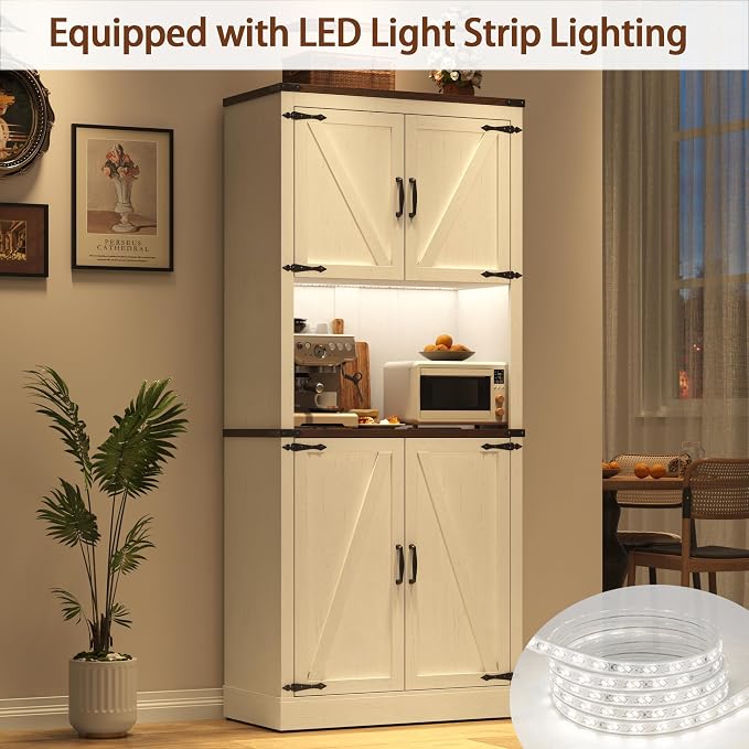 72" Tall Farmhouse Kitchen Pantry Cabinet with LED Light and Power Outlet,Modern Farmhouse Kitchen Storage Cabinet w Load-Bearing Steel Pipe,Barn Doors, Organizer,Food Pantry Cabinets(2PC White)