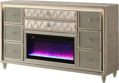 Coaster Home Furnishings - Lorient - Wood and Velvet - 8-Drawer Dresser with Flame Box, LED Lighting, Crystal Knobs and Traditional Style - Bedroom - Ivory and Camel - 222663FB