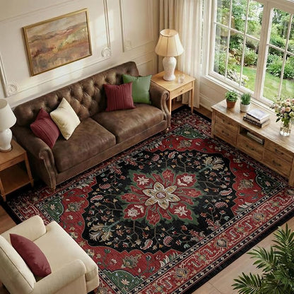 RELEANY Area Rugs 6'x8' Washable Non-Slip, Floral Vintage Distress Medallion Carpet for Living Room Bedroom Dining Room, Red Black