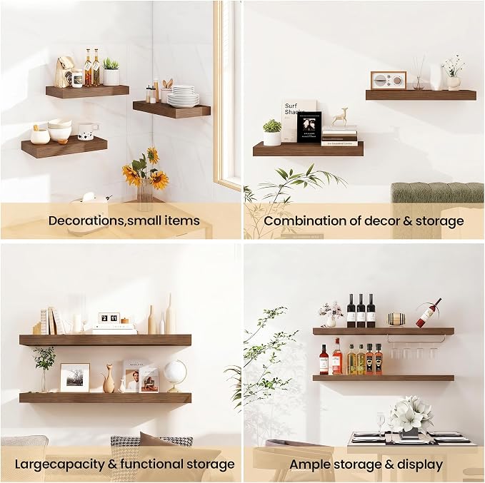 Vivelove Walnut Floating Shelves 40 Inches Long, Wall Display Shelves with Invisible Brackets, for Bathroom Living Room Kitchen Bedroom Office Farmhouse Home Decor, 40x9.3X 1.5 - Set of 2, Walnut