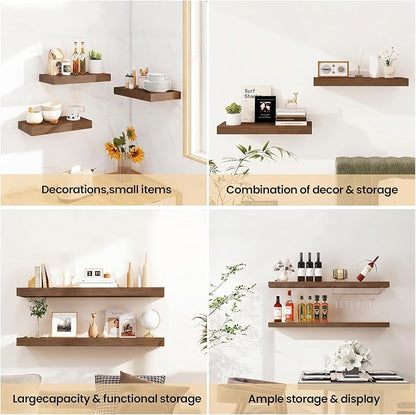 Vivelove Walnut Floating Shelves, 16 Inch Wall Display Shelves for Bathroom Living Room Kitchen Bedroom Office Farmhouse Home Decor, 16" X 9.3" X 1.5" - Set of 2, Walnut