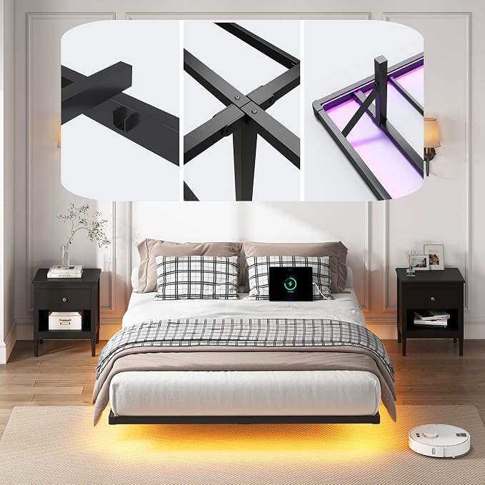 YORMDMO Floating Bed Frame Full Size, Heavy Duty Bedframe with Smart LED Lights & Charging Station, Modern Metal Platform Bed, Easy Assembly No Box Spring Needed, 8 Inch