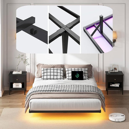 YORMDMO Floating Bed Frame Full Size, Heavy Duty Bedframe with Smart LED Lights & Charging Station, Modern Metal Platform Bed, Easy Assembly No Box Spring Needed, 8 Inch