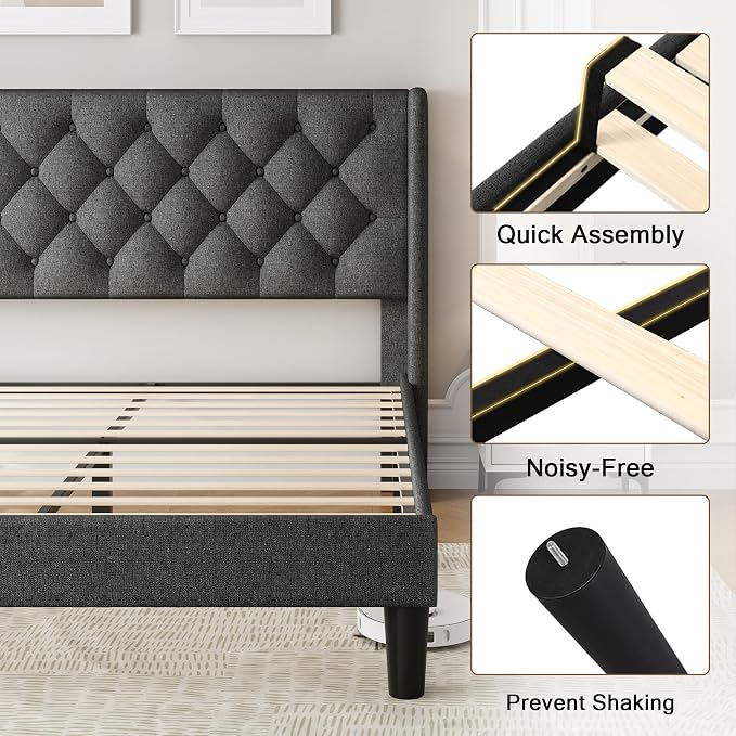 Einhomn Full Size Platform Bed Frame with Fabric Upholstered Wingback Headboard, 8" Under Bed Space, Wooden & Metal Slats Support, No Box Spring Needed, Dark Gray