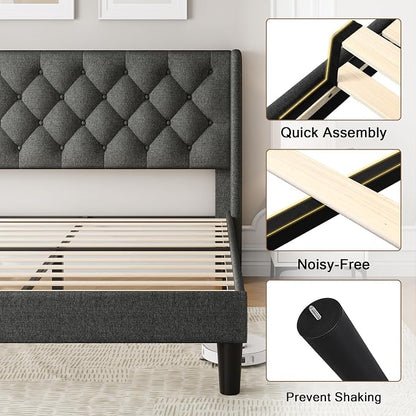 Einhomn Full Size Platform Bed Frame with Fabric Upholstered Wingback Headboard, 8" Under Bed Space, Wooden & Metal Slats Support, No Box Spring Needed, Dark Gray