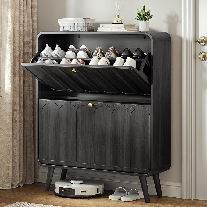 Decofy Shoe Cabinet with 2 flip-Down Drawers (Walnut)