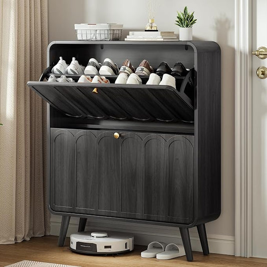 Decofy Shoe Cabinet with 2 flip-Down Drawers (Walnut)