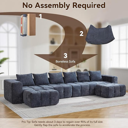 119" Boneless U-Shaped Sofa Couch with 2 Ottoman, 4 Seater Comfy Cloud Sectional Sofa with Deep Seat, Oversized Chenille Memory Foam Sectional Couches for Living Room Bedroom, Blue