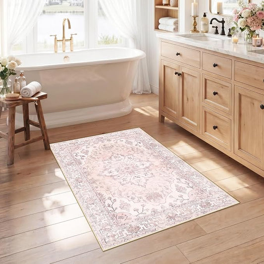 RELEANY Area Rugs Small 2'6"x4' Washable Non-Slip, Floral Vintage Distress Medallion Carpet for Kitchen Entryway Bathroom, Pink Greypink Cute