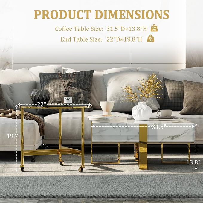 White Faux Marble Coffee Table Set with End Table, Luxurious Gold Coffee Tables 2 in 1, Nesting Coffee Table Set for Living Room Apartment