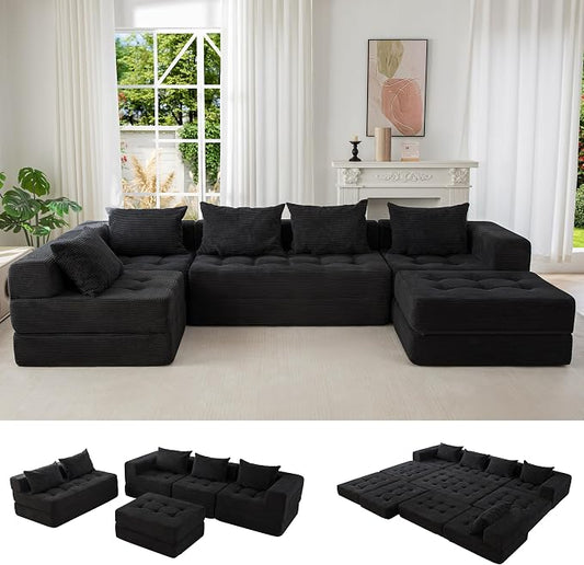 MAXYOYO Modular Sectional Sofa Couch, Foldable U Shaped Cloud Couch with Pillows, Tufted 6-Seat Boneless Sofa Lounger for Living Room, No Assembly Required, Black