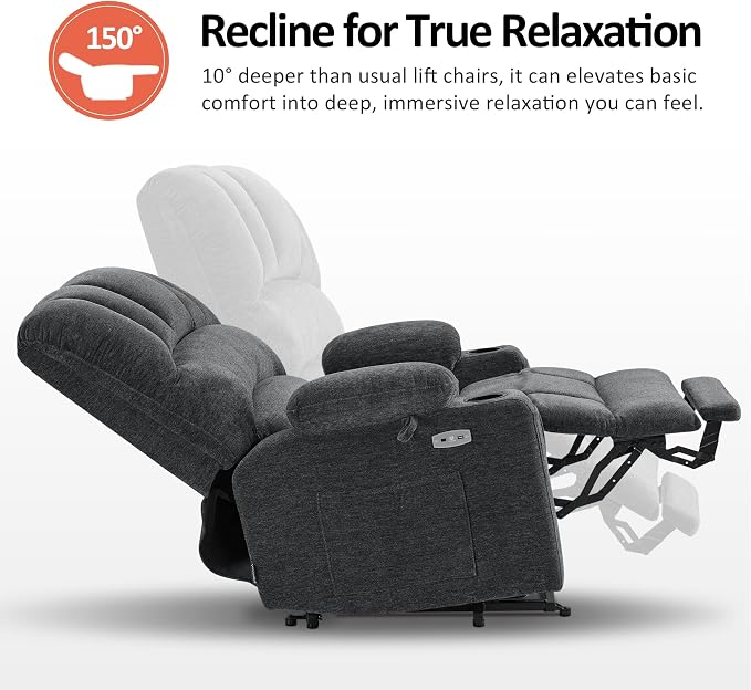 MCombo Power Lift Recliner Chair for Elderly, Lift Chair with Heat and Massage, 150° Max Recline, Extra Wide Lift Recliner for Big People, Fabric R7096 (Medium-Wide, Dark Grey)