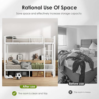 SDHYL Twin Over Twin Bunk Bed,Heavy Duty Metal Bed Frame with Stairs,Space Saving,Ideal for Dorms and Small Rooms,White