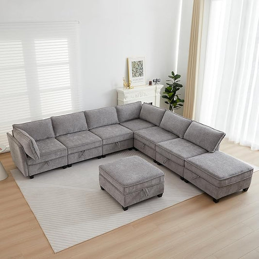 ORRD Oversize Corner Modular Sectional Sofa Set, Convertible L Shaped Couch with Storage, 8 Seater Sofa Modular with Ottomans and Reversible Chaise for Living Room, Office (Grey)