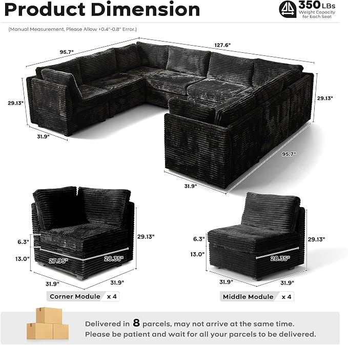 ovios Modular Sectional Sofa Couch with U-Shape Chaise Oversized, Comfy Plush Corduroy Cloud Couches, Modern Luxury Deep Seat Sofas Set for Living Room, 8-Seater, Black