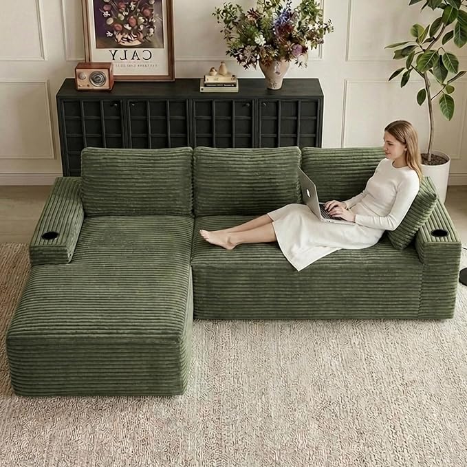 104" Cloud Sectional Couch L-Shaped with Side Pockets Cup Holders, Corduroy Boneless Couch for Living Room,Upholstered Deep-Seat Modular Sectional Sofa, No Assembly Required (Green,Left Facing Chaise)