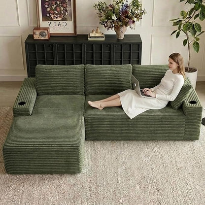 104" Cloud Sectional Couch L-Shaped with Side Pockets Cup Holders, Corduroy Boneless Couch for Living Room,Upholstered Deep-Seat Modular Sectional Sofa, No Assembly Required (Green,Left Facing Chaise)