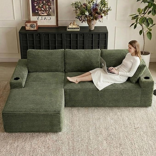 104" Cloud Sectional Couch L-Shaped with Side Pockets Cup Holders, Corduroy Boneless Couch for Living Room,Upholstered Deep-Seat Modular Sectional Sofa, No Assembly Required (Green,Left Facing Chaise)