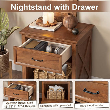 Harper & Bright Designs 4 Piece Bedroom Set, Farmhouse Queen Size Bedroom Furniture Sets with Wooden Platform Bed Frame, Bedroom Furniture Sets with 2 Storage Nightstands and Dresser, Walnut