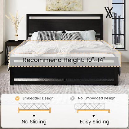 SHA CERLIN Heavy Duty King Size Bed Frame with Modern Headboard, Black | Platform Metal Base with Footboard and 13 Slats Support, No Box Spring Needed