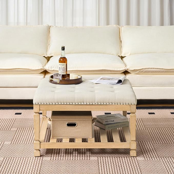 Befurtori Large Square Ottoman Coffee Table, Linen Solid Upholstered Footrest Ottoman with Solid Wood Shelf Storage Tufted Coffee Table for Bedroom Living Room-Ivory