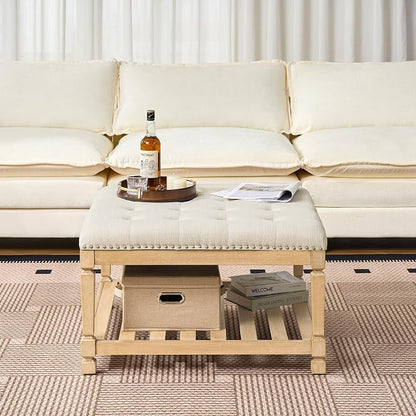 Befurtori Large Square Ottoman Coffee Table, Linen Solid Upholstered Footrest Ottoman with Solid Wood Shelf Storage Tufted Coffee Table for Bedroom Living Room-Ivory