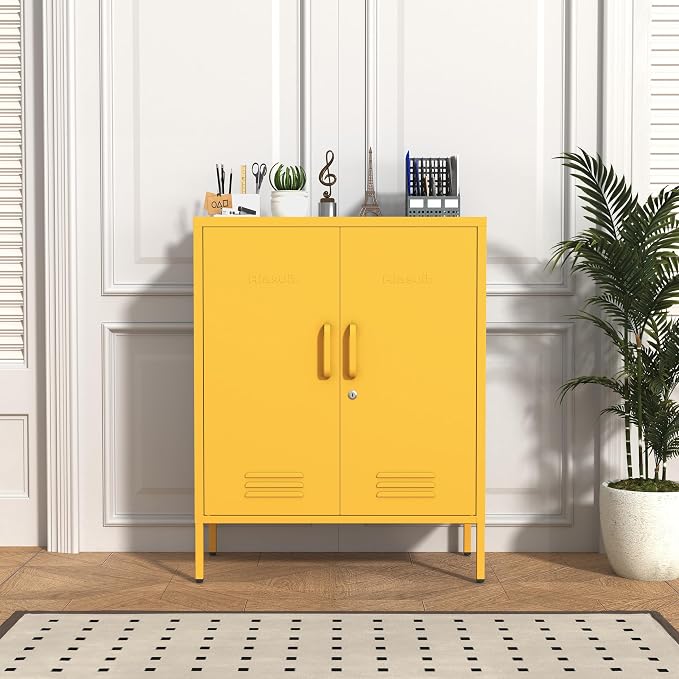 Multipurpose Accent Cabinet Locker, Metal Storage Cabinet with 2 Adjustable Shelves, Heavy Duty & Lockable Organizer Made of Thickened Steel, Easy Assembly for Home, Entryway, Yellow