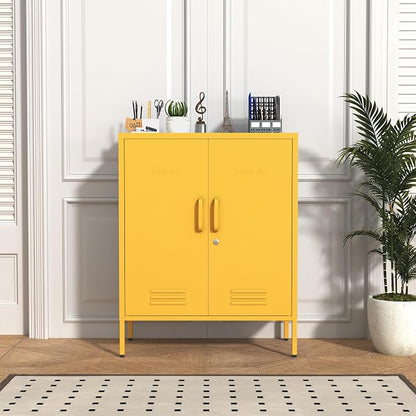 Multipurpose Accent Cabinet Locker, Metal Storage Cabinet with 2 Adjustable Shelves, Heavy Duty & Lockable Organizer Made of Thickened Steel, Easy Assembly for Home, Entryway, Yellow